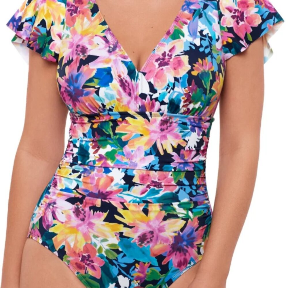 Swim Solutions Garden Dreams Flutter-Sleeve Swimsuit NWT Sz 14 - Picture 2 of 12